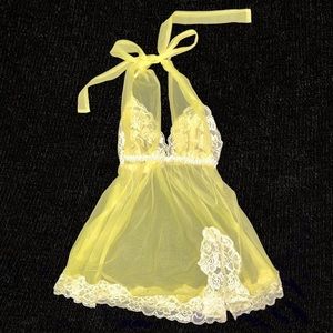 ❥ Yellow  Dainty Fredricks of Hollywood Mesh Lace Halter BabyDoll Lingerie Top